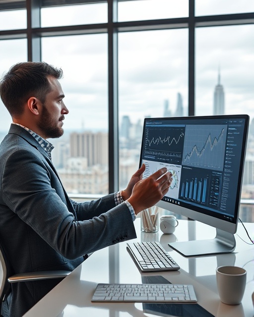 Informed market trends, analytical expert, analyzing statistics, photorealistic, modern office with large windows and bustling cityscape, highly detailed, data visualizations on computer screen, vibrant and sharp, natural light, shot with a 70-200mm lens.