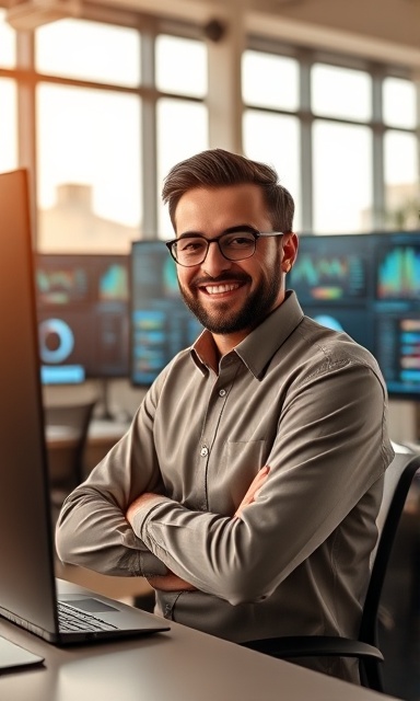 Efficient software deployment, satisfied, demonstrating, photorealistic, high-tech workspace with multiple monitors, highly detailed, real-time data visualizations, sharp definition, warm color palette, daylight streaming through large windows, shot with a 24mm lens.