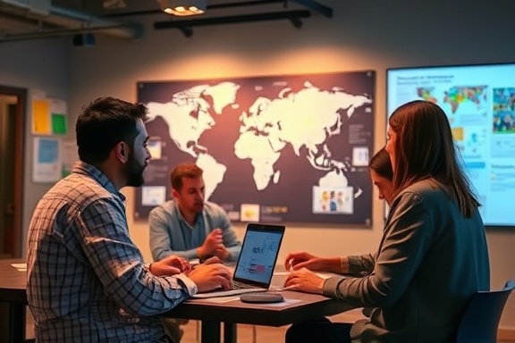 collaborative global network, team working, brainstorming, photorealistic, in a collaborative workspace with digital boards, highly detailed, ideas flowing, mixed colors, ambient lighting, shot with a 28mm lens
