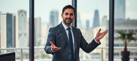 corporate expansion business, confident executive, presenting, photorealistic, in a modern office with city skyline view, highly detailed, gestures and body language, balanced colors, soft indoor lighting, shot with a 50mm lens