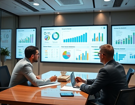strategic business consultancy, executives focusing, analyzing growth, photorealistic, professional meeting room with digital boards, highly detailed, charts and strategic plans, 4K resolution, soft neutrals, directed lamps, shot with a 70mm lens