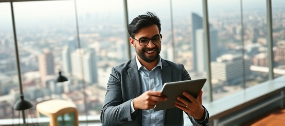 Ambitious expansion growth, enthusiastic expression, reviewing market trends, photorealistic, sprawling office with cityscape background, highly detailed, tablet in hand, 4k resolution, earthy colors, directional lighting, shot with a 70mm lens