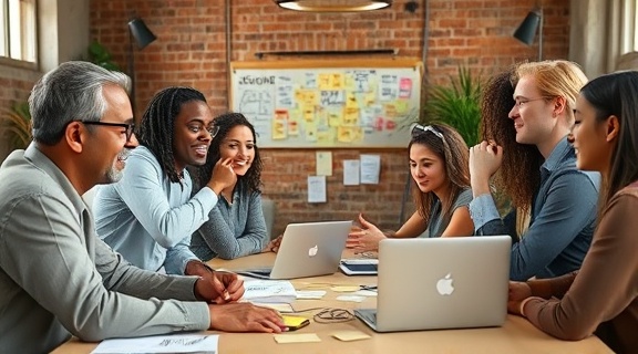 enthusiastic fundraising team, determined, team collaborating on ideas, photorealistic, creative workspace with post-it notes and laptops, highly detailed, brainstorming session, 8K resolution, warm earthy tones, natural daylight, shot with a Zeiss Otus 55mm f/1.4 lens