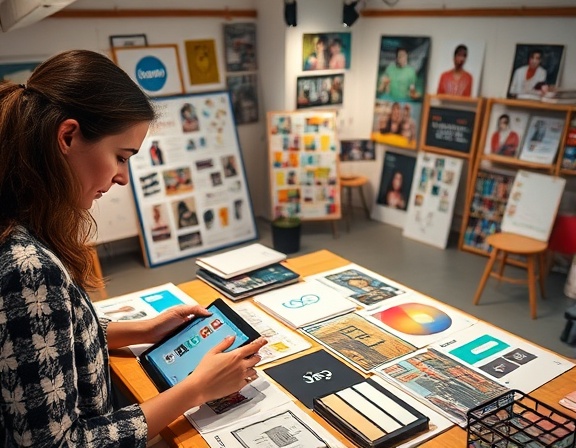 Branding identity elements on product packaging, focused look, designers working, photorealistic, creative studio with mood boards, highly detailed, interaction with digital tablets, 4K resolution, bold colors, overhead lighting, shot with a 35mm lens.