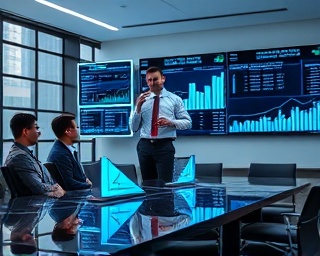 advanced business consultancy, professionals discussing, evaluating metrics, photorealistic, modern boardroom with digital displays, highly detailed, graphs and figures, 6K resolution, neutral shades, white LED lighting, shot with a 40mm lens