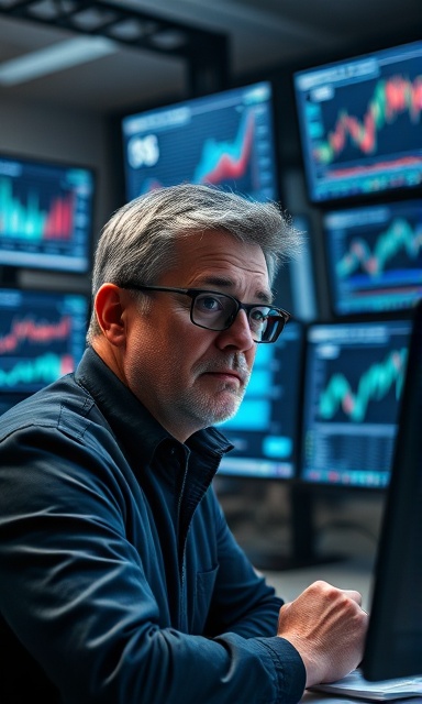 Strategic entry strategy, focused expression, crafting a business plan, photorealistic, sophisticated tech office, highly detailed, multiple monitors displaying graphs, 4k resolution, neutral tones, soft ambient lighting, shot with an 85mm lens