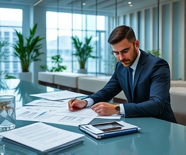 innovative investment plan, focused, financial advisors reviewing documents, photorealistic, sleek office with glass walls and plants, highly detailed, documents spread on the table, 4K resolution, cool colors, soft diffused lighting, shot with a Fujifilm XF 23mm f/1.4 R lens