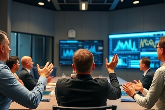 Cutting-edge software implementation, excited, presenting, photorealistic, corporate boardroom with collaborative displays, highly detailed, dynamic gestures from participants, crisp and clear, natural colors, diffused indoor lighting, shot with a 50mm lens.