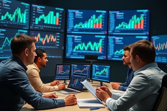 flourishing market growth, analyzing charts, discussing, photorealistic, in a conference room with multiple screens, highly detailed, expressions and interactions, cool color palette, balanced lighting, shot with a 35mm lens