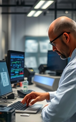 Comprehensive technology integration, thoughtful, troubleshooting, photorealistic, sleek lab environment with sophisticated equipment, highly detailed, subtle dynamic elements from electronic devices, fine-grained texture, muted colors, focused task lighting, shot with a 85mm lens.