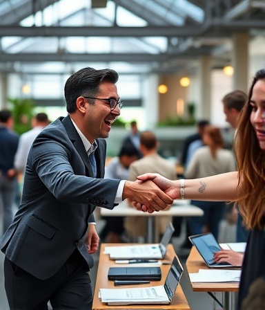Energetic market entry, excited expression, shaking hands, photorealistic, bustling co-working space, highly detailed, documents and laptops on tables, 6k resolution, vibrant colors, daylight illumination, shot with a 24mm lens