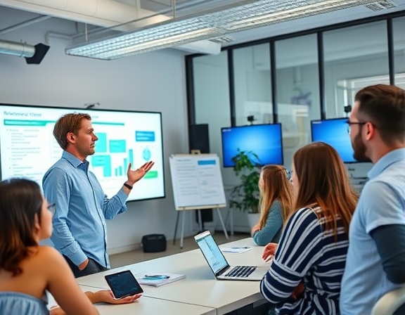 marketing engagement, enthusiastic, conducting a workshop, photorealistic, modern co-working space with presentation screens and flipcharts, highly detailed, team collaboration and hands-on activities, 8k resolution, vivid colors, natural lighting, shot with a 50mm lens.