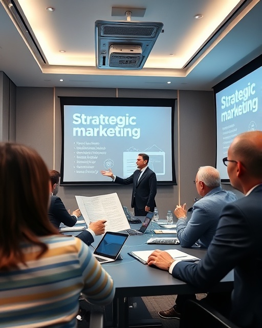 strategic marketing, focused, presenting plan, photorealistic, sleek conference room with projector and slides, highly detailed, people in professional attire, 4k resolution, balanced colors, soft lighting, shot with a 50mm lens.