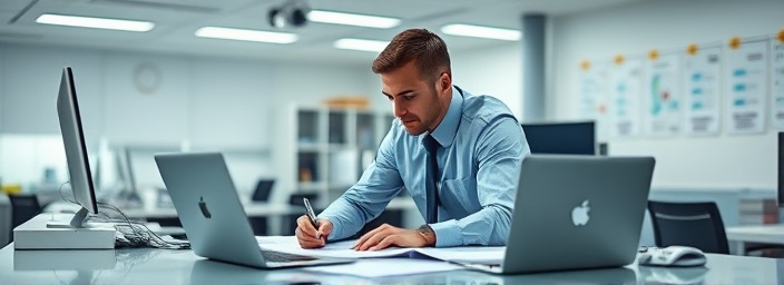 Comprehensive market research, diligent analyst, compiling reports, photorealistic, quiet office with organized desks and laptops, highly detailed, documents spread out, cool and neutral, fluorescent lighting, shot with an 85mm lens.