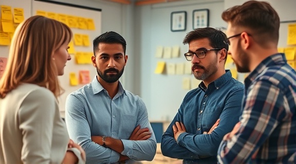 Positioning strategy discussion, thoughtful expression, team evaluating brand's market position, photorealistic, creative workspace with sticky notes on walls, highly detailed, animated brainstorming session, 4K resolution, vibrant ambiance, soft shadow lighting, shot with a 24mm lens.