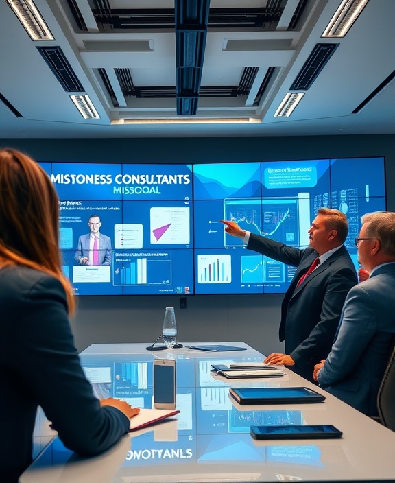 visionary business consultants, mission goal, presenting strategies, photorealistic, spacious meeting room with digital screens, highly detailed, leader pointing to a presentation slide, interactive elements, contemporary business attire, directional light, shot with a 55mm lens