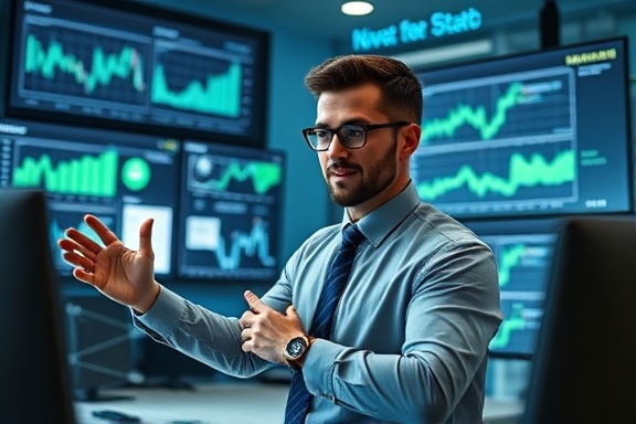dynamic investment growth, confident, analysts presenting graphs, photorealistic, modern office with screens and charts, highly detailed, animated graphs in motion, 8K resolution, blue and green hues, soft ambient lighting, shot with a Nikon AF-S NIKKOR 35mm f/1.4G lens