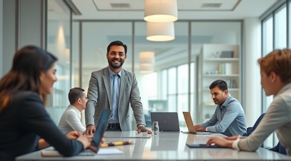 Innovative market expansion, satisfied expression, leading a meeting, photorealistic, contemporary conference room, highly detailed, colleagues with laptops, 5k resolution, pastel tones, pendant lighting, shot with a 28mm lens