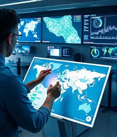 Positioning map development, analytical expression, marketer drawing on map, photorealistic, high-tech office with screens displaying data, highly detailed, maps and charts in motion, 8K resolution, cool tones, directional lighting, shot with a 24mm lens.