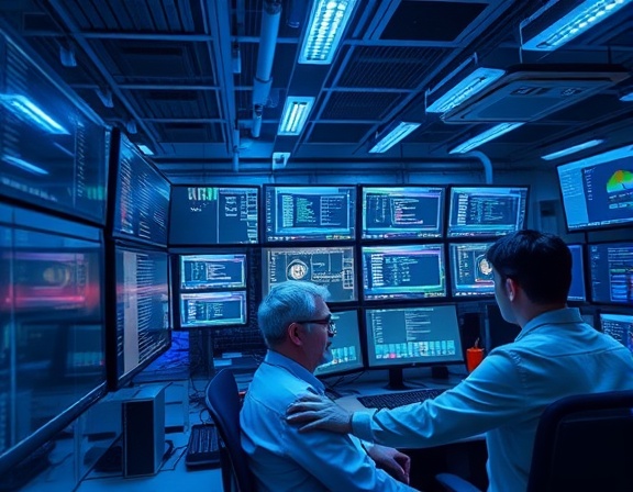 efficient technology integration, IT specialists working, integrating systems, photorealistic, tech hub with multiple monitors, highly detailed, coding screens and network setups, 4K resolution, blue hues, fluorescent lighting, shot with a 50mm lens