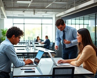 committed business consultants, values excellence, reviewing project, photorealistic, stylish office with collaborative workspaces, highly detailed, team members working on laptops, clear screen displays, muted colors, bright overhead lighting, shot with a 28mm lens