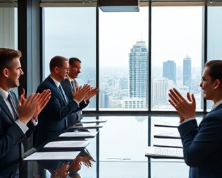 goal-oriented business consultants, mission success, celebrating achievement, photorealistic, elegant boardroom with cityscape view, highly detailed, people clapping and smiling, dynamic expressions, professional suits, soft indoor lighting, shot with a 35mm lens