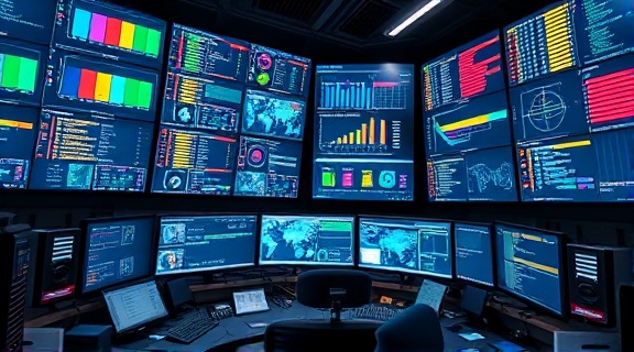 Robust software implementation, proud, overseeing, photorealistic, IT command center with wall-to-wall monitors, highly detailed, animated data and alerts, high precision, vivid colors, strong artificial lighting, shot with a 18mm lens.