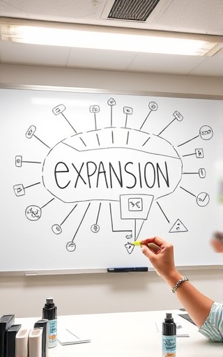 Expansive expansion strategy, visionary expression, drawing on a whiteboard, photorealistic, creative meeting room, highly detailed, markers and eraser in hand, 8k resolution, contrasting colors, overhead fluorescent lighting, shot with a 50mm lens