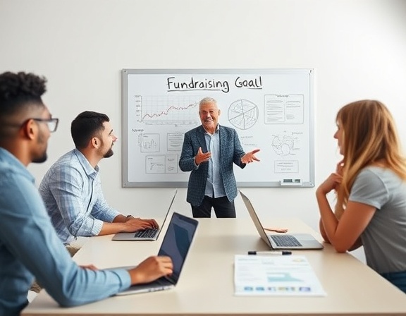 ambitious fundraising goal, hopeful, organizers planning strategy, photorealistic, conference room with whiteboard and laptops, highly detailed, strategic charts being discussed, 8K resolution, neutral tones, bright indoor lighting, shot with a Sigma 35mm f/1.4 DG HSM Art lens