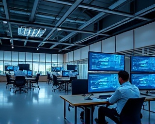 holistic technology integration, consultants implementing, monitoring progress, photorealistic, open-plan office with advanced technology, highly detailed, real-time data and analytics, 6K resolution, natural colors, overhead lighting, shot with a 55mm lens