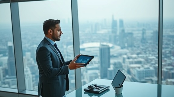 technology planning growth, CEO presenting, explaining new strategy, photorealistic, high-rise office with panoramic city view, highly detailed, presentation elements and tablets, 6K resolution, cool tones, studio lighting, shot with an 85mm lens