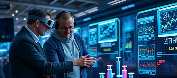 futuristic growth technology, AI experts collaborating, designing new software, photorealistic, tech workspace with VR and AR devices, highly detailed, holographic displays and icons, 6K resolution, vibrant colors, overhead LEDs, shot with a 35mm lens