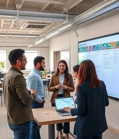 Advanced tech implementation, enthusiastic, collaborating, photorealistic, open-concept office with digital whiteboards, highly detailed, interaction and teamwork dynamics, clear and precise, neutral colors, even overhead lighting, shot with a 35mm lens.