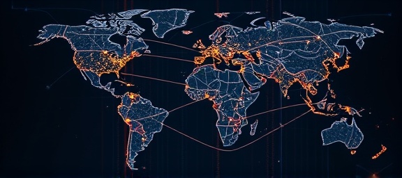interconnected global network, representing connections, visualizing, photorealistic, on a dark screen with glowing pathways, highly detailed, node interactions, neon colors, low light lighting, shot with a telephoto lens