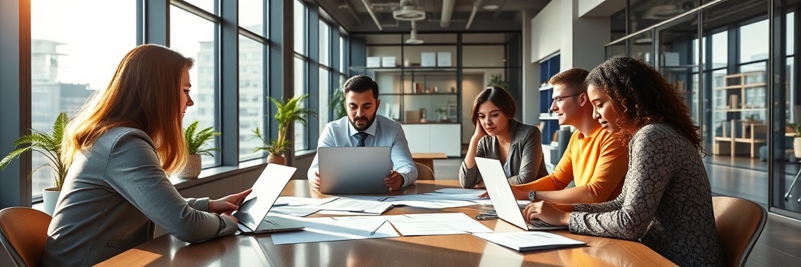 forward-thinking consultancy growth, team meeting, planning expansion, photorealistic, contemporary office with floor-to-ceiling windows, highly detailed, laptops and paper documents, 8K resolution, warm tones, morning light, shot with a 24-70mm lens