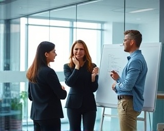 focused team of consultants, values integrity, strategizing solutions, photorealistic, high-tech conference room with glass walls, highly detailed, colleagues writing on a whiteboard, precise reflections, neutral tones, natural daylight, shot with a 24mm lens