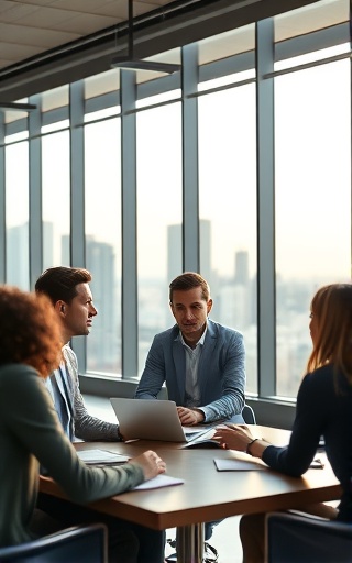 Strategic branding meeting, engaged look, team assessing brand positioning, photorealistic, modern meeting room with large windows and cityscape view, highly detailed, animated discussion, 4K resolution, warm colors, natural morning light, shot with a 50mm lens.