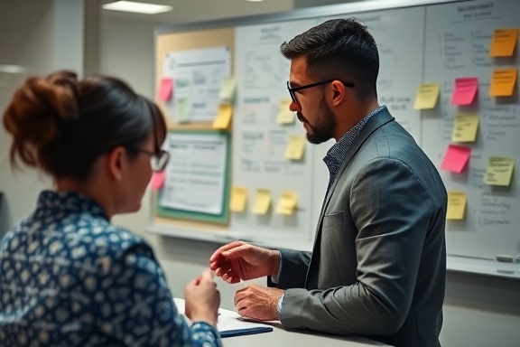 Detailed execution plan, strategic thinker, outlining steps, photorealistic, collaborative workspace with post-its and whiteboards, highly detailed, actionable items listed, balanced and vivid, soft diffused lighting, shot with a 100mm macro lens.