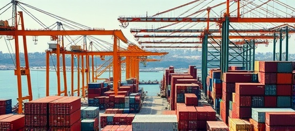 dynamic global trade, busy port, loading, photorealistic, with cranes and shipping containers, highly detailed, movements and logistics, rich colors, midday lighting, shot with a wide-angle lens