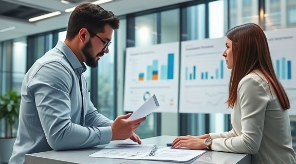 innovative consultancy growth, team strategizing, discussing figures, photorealistic, urban office with glass walls and charts, highly detailed, brainstorming, 8K resolution, neutral tones, soft natural light, shot with a 35mm lens